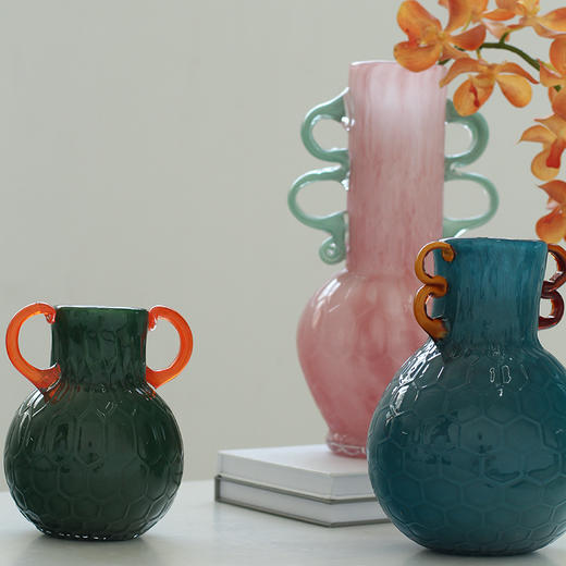 轻奢风双耳磁粉手工双色花纹大肚瓶餐桌玄关软装台面装饰彩色花瓶 商品图2