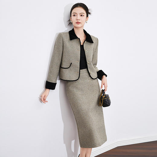 【高货wl】全新升级【铂金会员404/天猫549/差价145】(02051) 洛诗琳小香风羊毛呢撞色翻领上衣法式复古A字半裙两件套 商品图3