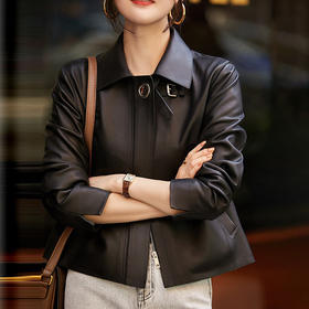 【自lm】全新升级【铂金会员735/天猫989/差价254】(02957) 洛诗琳新款柔软头层绵羊皮简约皮衣女直筒真皮短外套