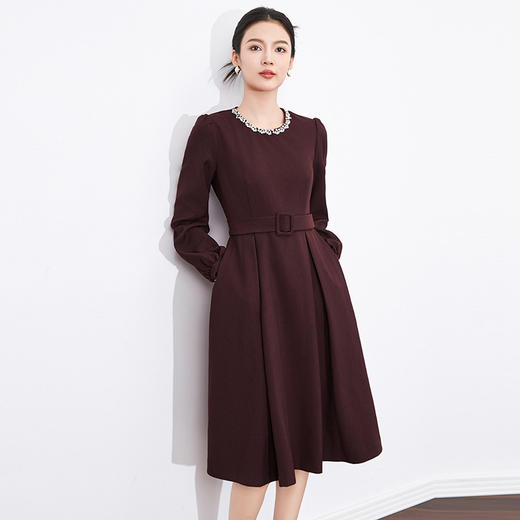 【高货wl】全新升级【铂金会员339/天猫459/差价120】(02538) 洛诗琳高级感法式精奢减龄钉钻长袖收腰显瘦大摆连衣裙 商品图0