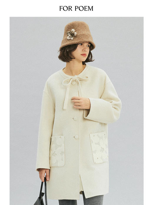 ForPoem 现货 24/FW原创设计镂空皮革花朵绑带100羊毛双面尼大衣 商品图1