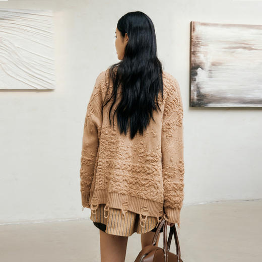 玳莎时髦提花针织开衫女破边设计感宽松小众休闲毛衣2024冬季新款  ED33311 商品图3