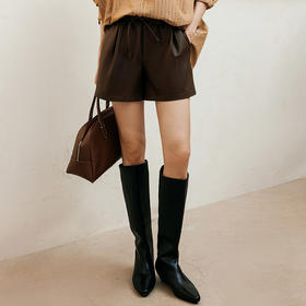 玳莎松紧腰仿皮短裤女2024年冬季新款百搭复古显瘦A字阔腿裤子  ED36102