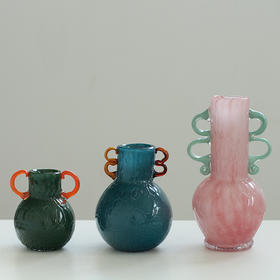 轻奢风双耳磁粉手工双色花纹大肚瓶餐桌玄关软装台面装饰彩色花瓶