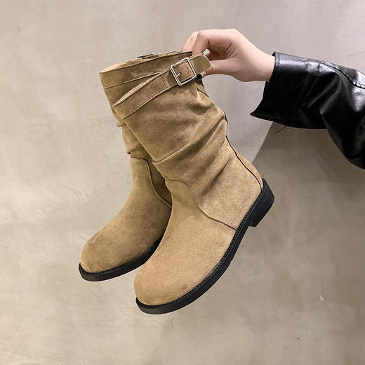 粗跟复古中筒靴骑士靴女鞋2024新款秋冬季加绒堆堆小短靴马丁靴子新款爆款小红书同款 商品图2