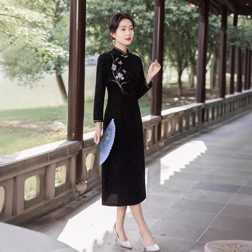 改良复古，黑色长款旗袍QMR-855 商品图1