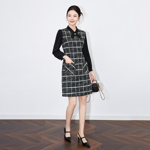 【高货wl】全新升级【铂金会员330/天猫449/差价119】(01822) 洛诗琳秋冬高定纹理感甜美通勤简约交叉V领小香风连衣裙 商品图2