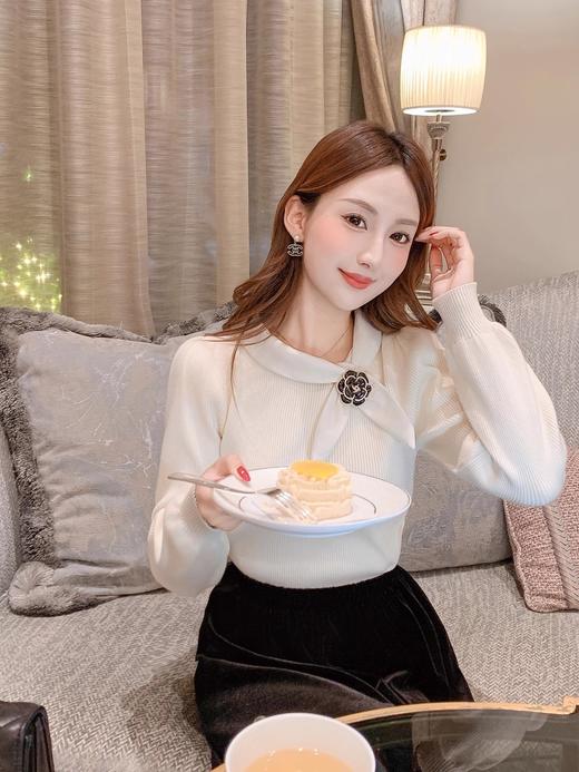 张心子【杜乐丽】miu小香风蝴蝶结系带针织衫女长袖修身上衣春秋 U2409030 商品图1