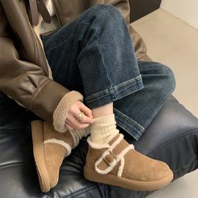 复古厚底磨砂皮棕色加绒博肯鞋毛毛鞋女鞋外穿春夏保暖棉鞋雪地靴新款爆款小红书同款