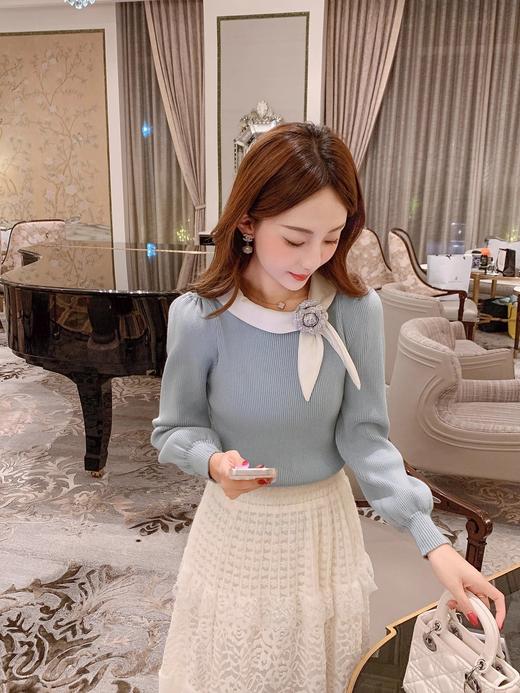 张心子【杜乐丽】miu小香风蝴蝶结系带针织衫女长袖修身上衣春秋 U2409030 商品图6