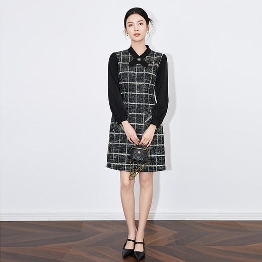 【高货wl】全新升级【铂金会员330/天猫449/差价119】(01822) 洛诗琳秋冬高定纹理感甜美通勤简约交叉V领小香风连衣裙 商品图3