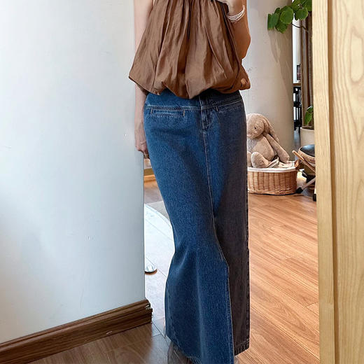 【顺丰包邮】00953 洛诗琳设计感插袋A字版木匠风牛仔半身裙017 商品图0