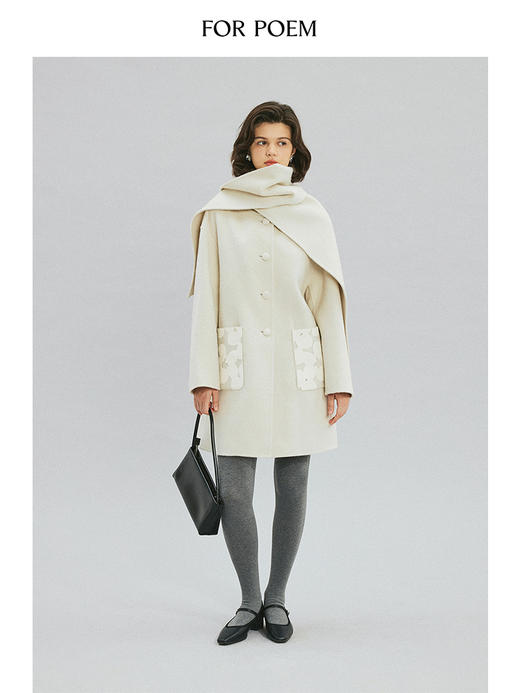 ForPoem 现货 24/FW原创设计镂空皮革花朵绑带100羊毛双面尼大衣 商品图0