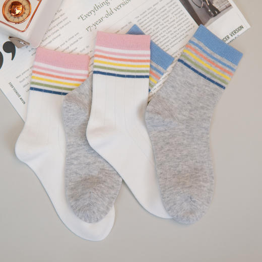 童【6双6折 2双装】丨彩虹袜儿童四季棉袜中筒袜双针条纹运动风袜子5-7岁【2423206】 商品图0