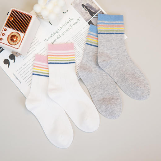 童【6双6折 2双装】丨彩虹袜儿童四季棉袜中筒袜双针条纹运动风袜子5-7岁【2423206】 商品图1