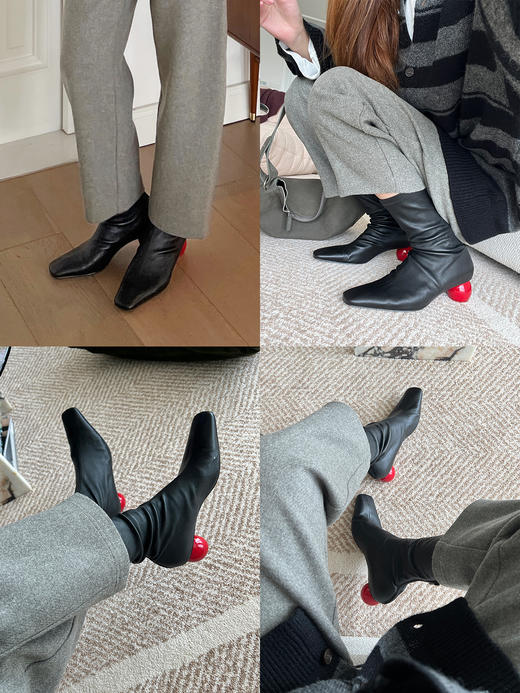 HIDEMI 【当当同款】做旧感进口弹力羊皮艺术感撞色球体异形跟中跟显瘦踝靴 古铜棕麂皮/黑色光面皮 商品图1