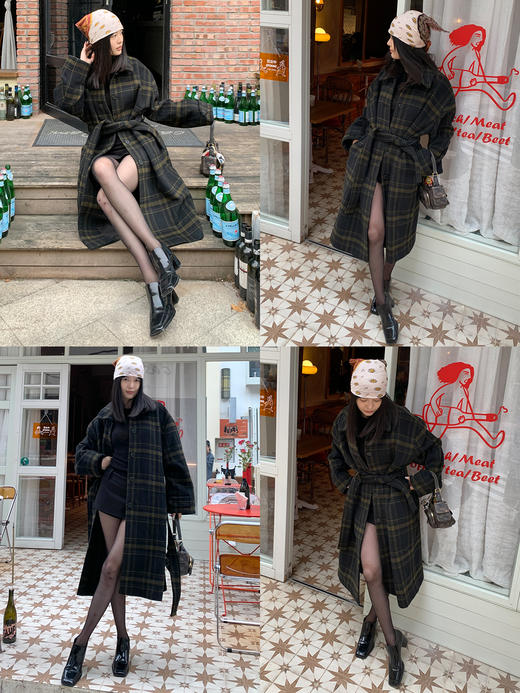 HIDEMI 【赵露思同款】极简大廓形色织格纹羊毛翻领可拆卸腰带式落肩宽松长款厚款大衣 商品图4