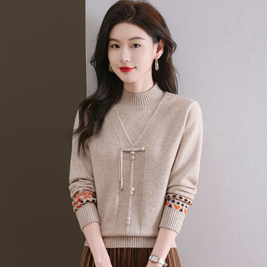 CC-101-96961新中式假两件复古羊毛针织衫毛衣女2024秋冬半高领提花打底衫内搭 商品图0