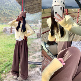 <曾小咸推荐>韩系小清新黄色袖口拼接系扣毛衣