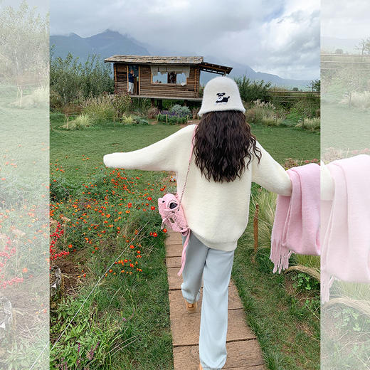 <曾小咸推荐>韩系甜美百搭杏色宽松圆领毛衣 商品图4