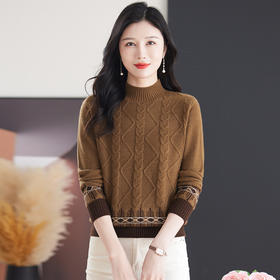 CC-103-7940秋冬毛衣女宽松百搭上衣半高领提花羊毛厚款针织衫
