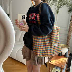 【千鸟格包包】韩风ins帆布包女毛呢小千鸟格单肩包 大容量休闲逛街托特包