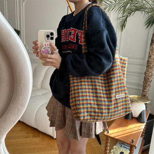 【千鸟格包包】韩风ins帆布包女毛呢小千鸟格单肩包 大容量休闲逛街托特包 商品图0
