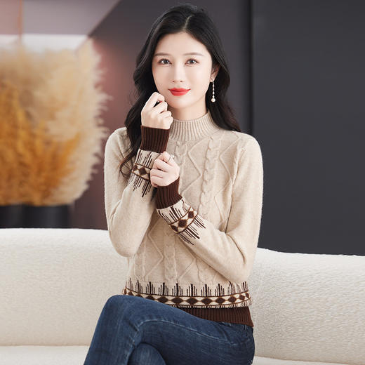 CC-103-7940秋冬毛衣女宽松百搭上衣半高领提花羊毛厚款针织衫 商品图1