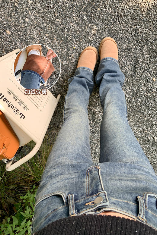 <曾小咸推荐>复古蓝色加绒微喇叭牛仔裤 商品图5