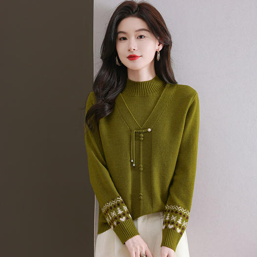 CC-101-96961新中式假两件复古羊毛针织衫毛衣女2024秋冬半高领提花打底衫内搭 商品图1