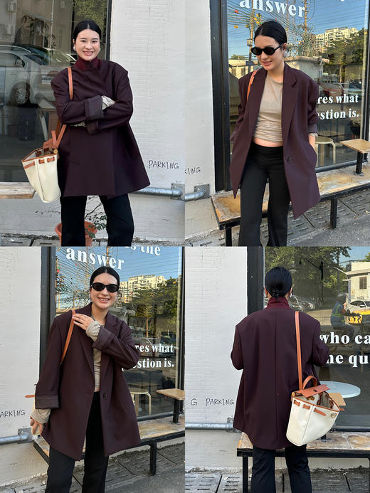 HIDEMI 极简设计感甄选斜纹精纺羊毛挺括感立体剪裁翻领式宽肩宽松西装套装 黑色/勃艮第红 西装/烟管长裤 商品图3