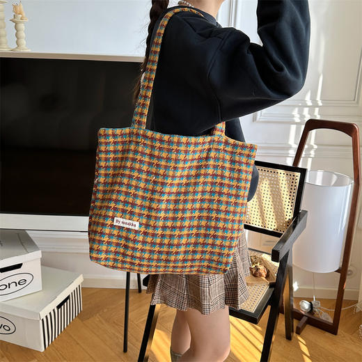 【千鸟格包包】韩风ins帆布包女毛呢小千鸟格单肩包 大容量休闲逛街托特包 商品图1