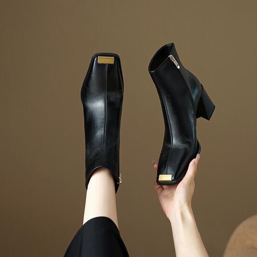 【预售5天】牛皮金属头粗跟时装靴秋冬季法式新款方头气质短靴高跟显瘦裸靴HCYYHD&5491 商品图4