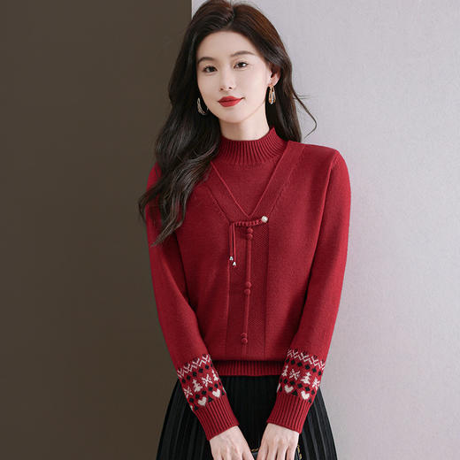 CC-101-96961新中式假两件复古羊毛针织衫毛衣女2024秋冬半高领提花打底衫内搭 商品图3