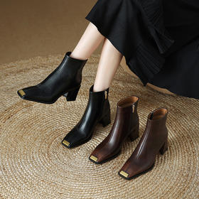 【预售5天】牛皮金属头粗跟时装靴秋冬季法式新款方头气质短靴高跟显瘦裸靴HCYYHD&5491