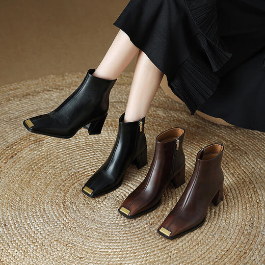【预售5天】牛皮金属头粗跟时装靴秋冬季法式新款方头气质短靴高跟显瘦裸靴HCYYHD&5491 商品图0