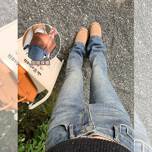 <曾小咸推荐>复古蓝色加绒微喇叭牛仔裤 商品图0