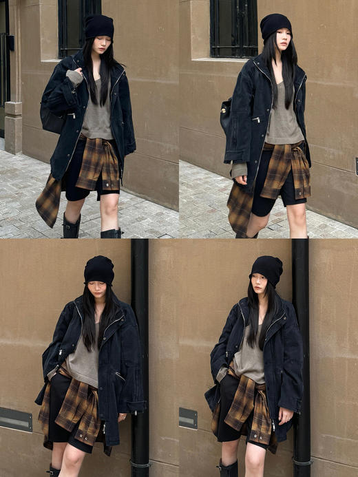 HIDEMI 多重水洗复古牛仔拉链立领式大口袋飞行员中长款大廓形夹克外套 水洗灰/碳黑色 商品图2