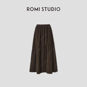 ROMI STUDIO“法式优雅”绵羊毛混纺松紧腰捏褶宽松A字半裙431X8114