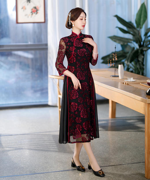 中国风植绒奥黛长款立领复古旗袍QMR 商品图1