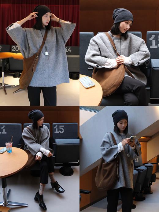 HIDEMI 圆领大廓形落肩加厚款进口强缩混纺羊毛8分袖毛织针织上衣 摩卡色/黑色/烟灰色/藏蓝色 商品图1