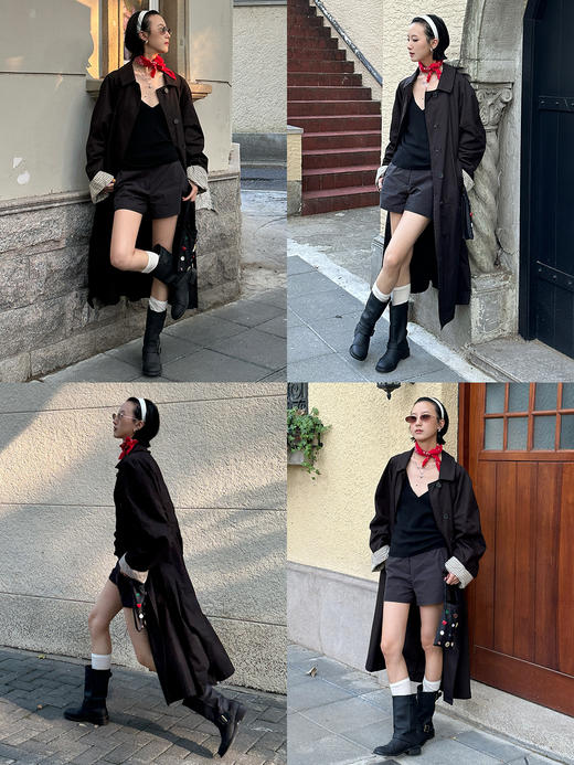 HIDEMI【吴千语同款】极简廓形设计感复古宽肩格纹拼接卷边式长款风衣 黑色/卡其色 商品图4