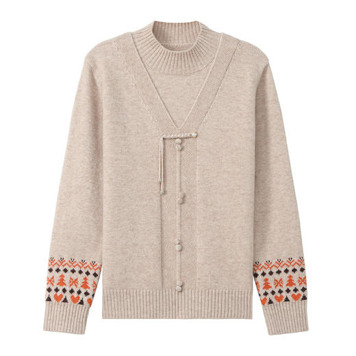 CC-101-96961新中式假两件复古羊毛针织衫毛衣女2024秋冬半高领提花打底衫内搭 商品图4