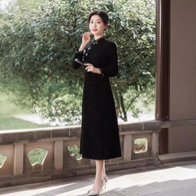 2024秋款日常改良复古黑色长款旗袍QMR
