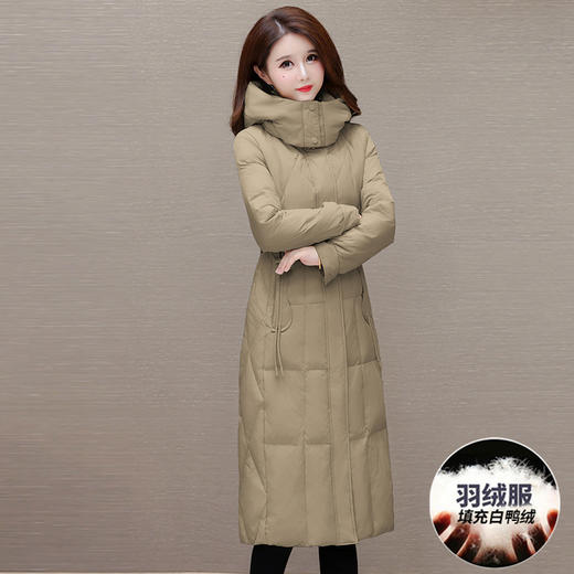 连帽抽绳收腰羽绒服，中长款白鸭绒羽绒服外套QYM- JJ-XDH24831-Y 商品图0
