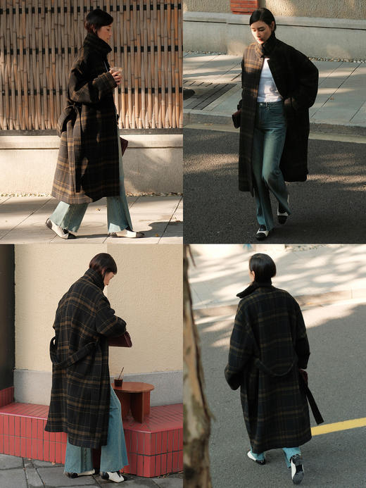 HIDEMI 【赵露思同款】极简大廓形色织格纹羊毛翻领可拆卸腰带式落肩宽松长款厚款大衣 商品图3