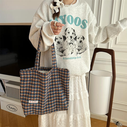 【千鸟格包包】韩风ins帆布包女毛呢小千鸟格单肩包 大容量休闲逛街托特包 商品图2