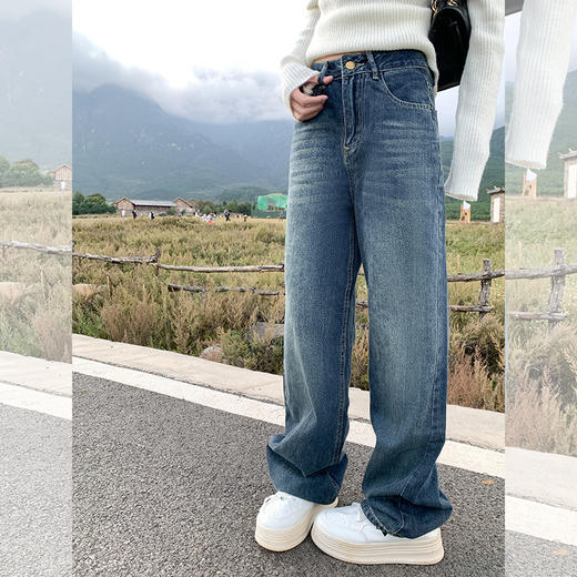 <曾小咸推荐>韩版复古高腰直筒牛仔裤宽松阔腿裤 商品图2