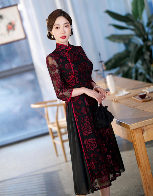 中国风植绒奥黛长款立领复古旗袍QMR 商品图3