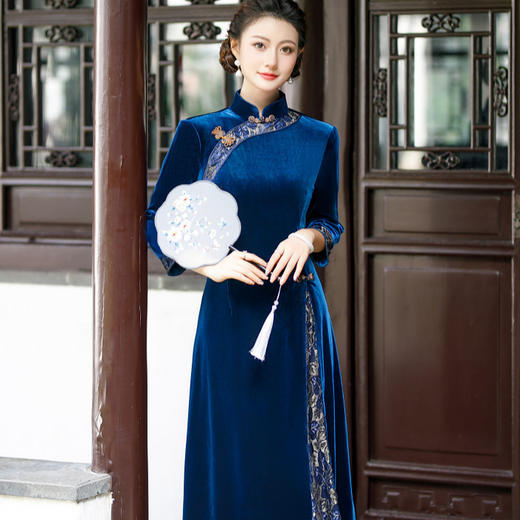 改良旗袍裙优雅盘扣遮肚显瘦拼接大摆裙QMR 商品图1